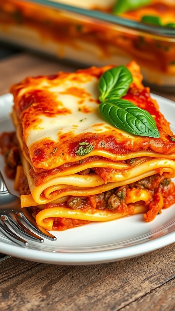 A slice of meat and cheese lasagna bake casserole with golden cheese and basil garnish on a wooden table.